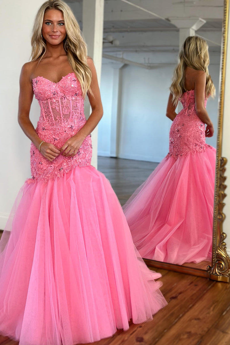 Load image into Gallery viewer, Glitter Pink Corset Sweetheart Tulle Mermaid Long Formal Dress