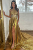 Load image into Gallery viewer, Glitter Golden A-Line Beaded Metallic Long Formal Dress with Slit