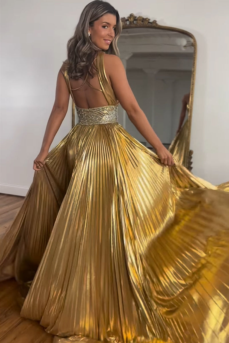 Load image into Gallery viewer, Glitter Golden A-Line Beaded Metallic Long Formal Dress with Slit