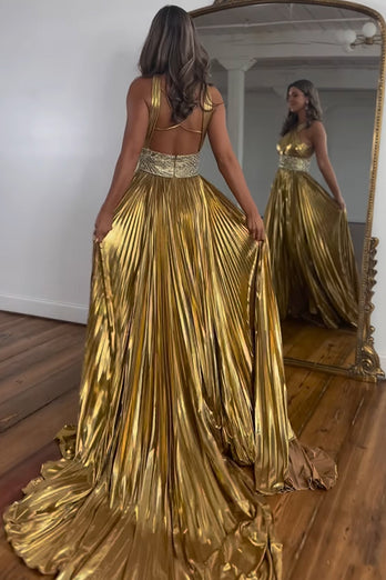 Glitter Golden A-Line Beaded Metallic Long Formal Dress with Slit