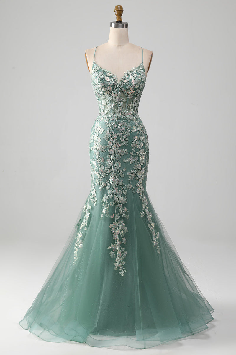 Load image into Gallery viewer, Mermaid Lace-Up Back Light Green Formal Dress with Appliques