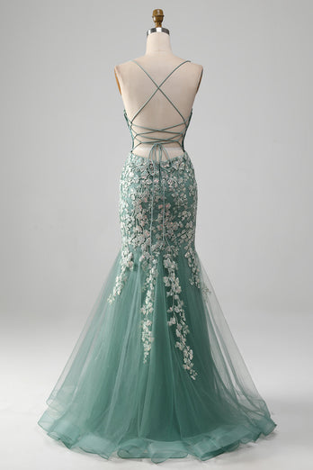 Mermaid Lace-Up Back Light Green Formal Dress with Appliques