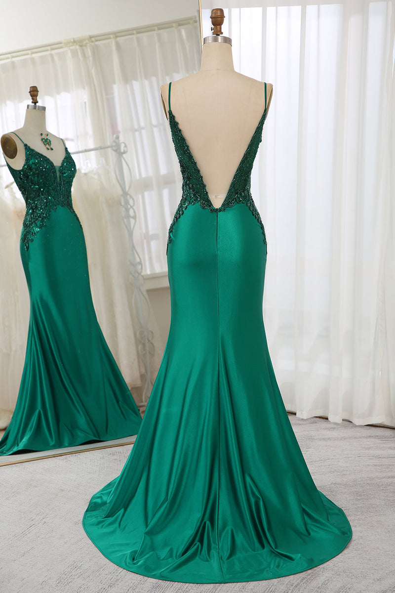 Load image into Gallery viewer, Glitter Dark Green Mermaid Backless Long Formal Dress With Beaded Appliques