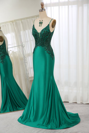 Glitter Dark Green Mermaid Backless Long Formal Dress With Beaded Appliques