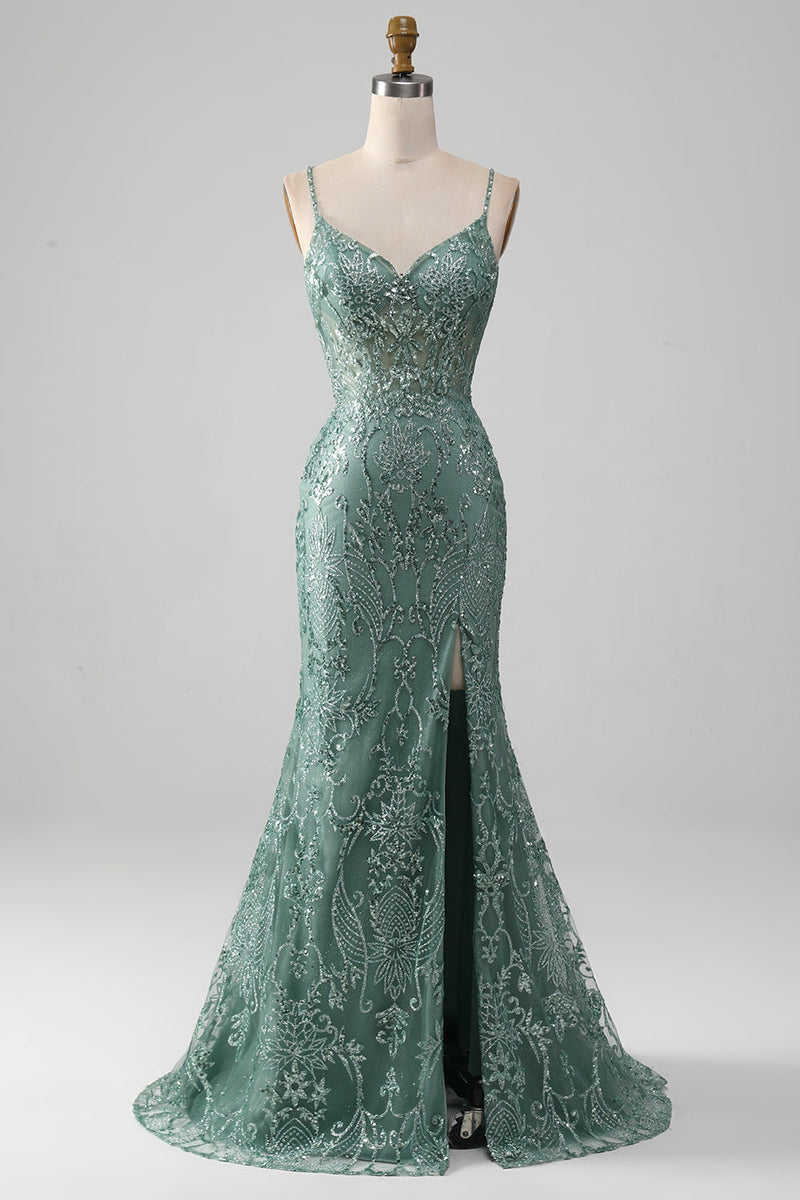 Load image into Gallery viewer, Spaghetti Staps Sparkly Grey Green Formal Dress with Beading