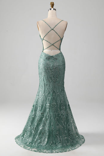 Spaghetti Staps Sparkly Grey Green Formal Dress with Beading