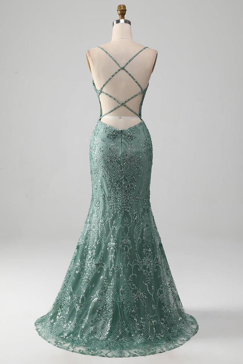 Load image into Gallery viewer, Spaghetti Staps Sparkly Grey Green Formal Dress with Beading