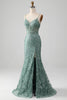 Load image into Gallery viewer, Spaghetti Staps Sparkly Grey Green Formal Dress with Beading