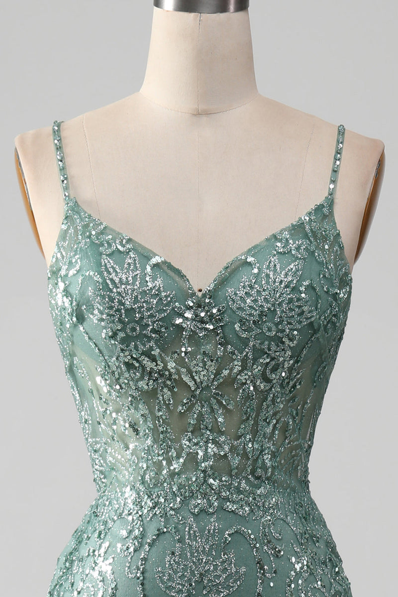 Load image into Gallery viewer, Spaghetti Staps Sparkly Grey Green Formal Dress with Beading