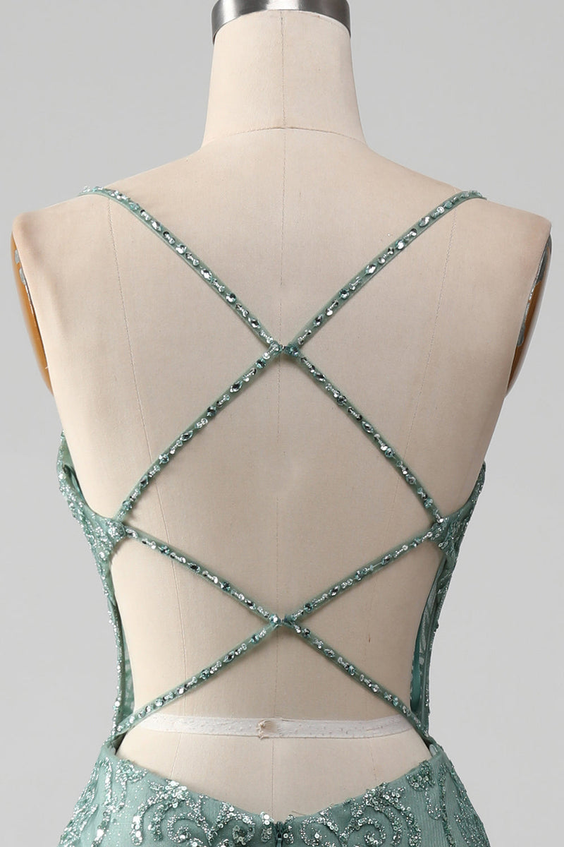 Load image into Gallery viewer, Spaghetti Staps Sparkly Grey Green Formal Dress with Beading