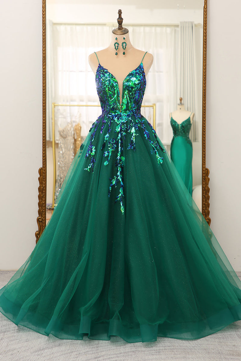 Load image into Gallery viewer, Sparkly Dark Green A Line Tulle Long Formal Dress With Sequined Appliques