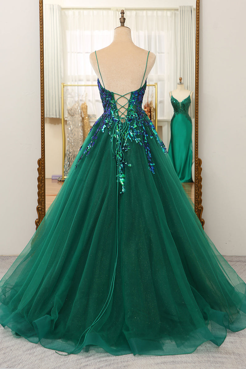 Load image into Gallery viewer, Sparkly Dark Green A Line Tulle Long Formal Dress With Sequined Appliques