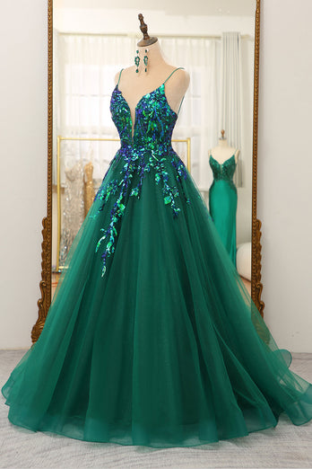 Sparkly Dark Green A Line Tulle Long Formal Dress With Sequined Appliques