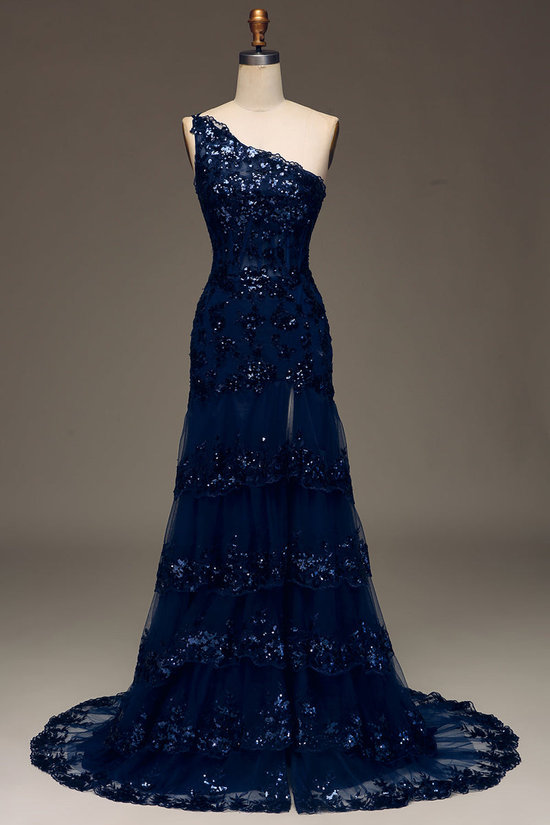 Load image into Gallery viewer, Sparkly Dark Navy Tiered Lace One Shoulder Long Formal Dress with Slit