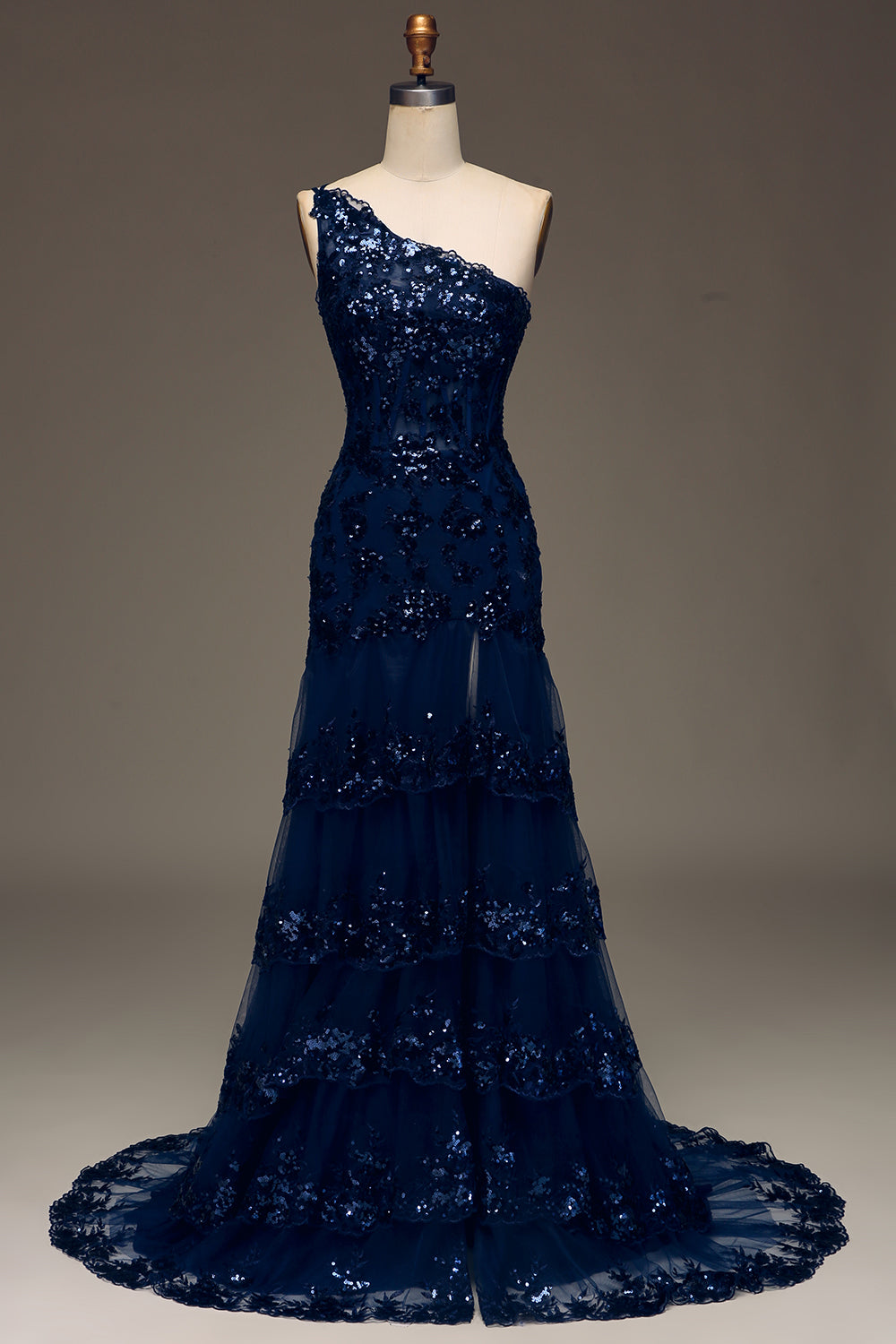 Sparkly Dark Navy Tiered Lace One Shoulder Long Formal Dress with Slit