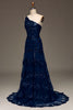 Load image into Gallery viewer, Sparkly Dark Navy Tiered Lace One Shoulder Long Formal Dress with Slit