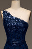 Load image into Gallery viewer, Sparkly Dark Navy Tiered Lace One Shoulder Long Formal Dress with Slit