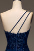 Load image into Gallery viewer, Sparkly Dark Navy Tiered Lace One Shoulder Long Formal Dress with Slit