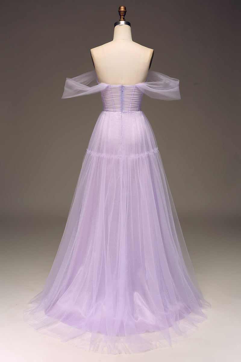 Load image into Gallery viewer, Lilac Off the Shoulder A Line Tulle Princess Formal Dress With Slit