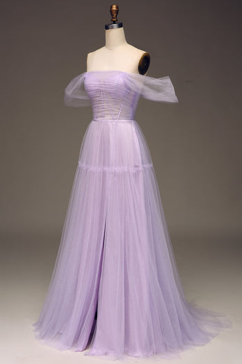 Lilac Off the Shoulder A Line Tulle Princess Formal Dress With Slit