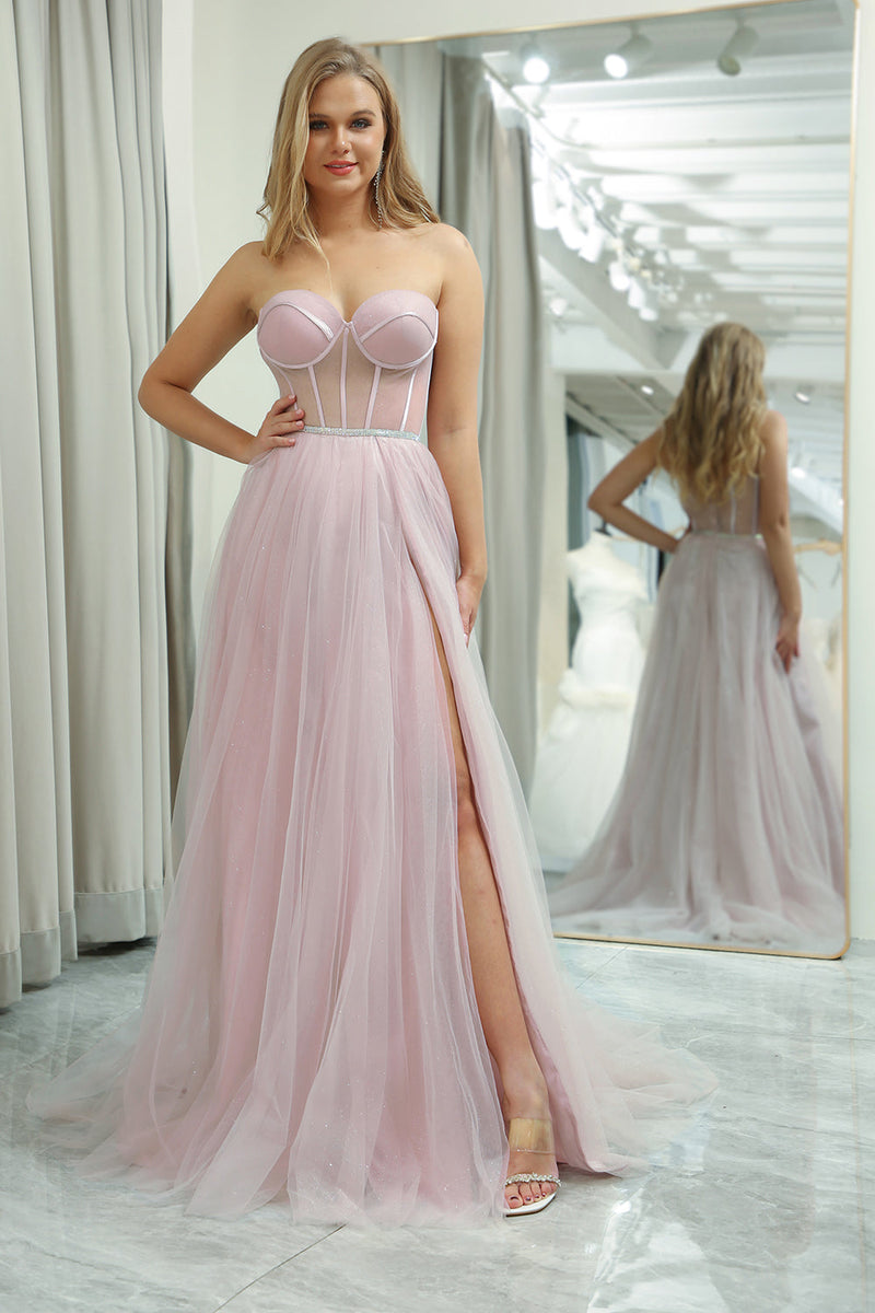 Load image into Gallery viewer, Light Pink A Line Sweetheart Long Corset Formal Dress With Slit