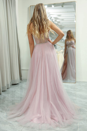 Light Pink A Line Sweetheart Long Corset Formal Dress With Slit