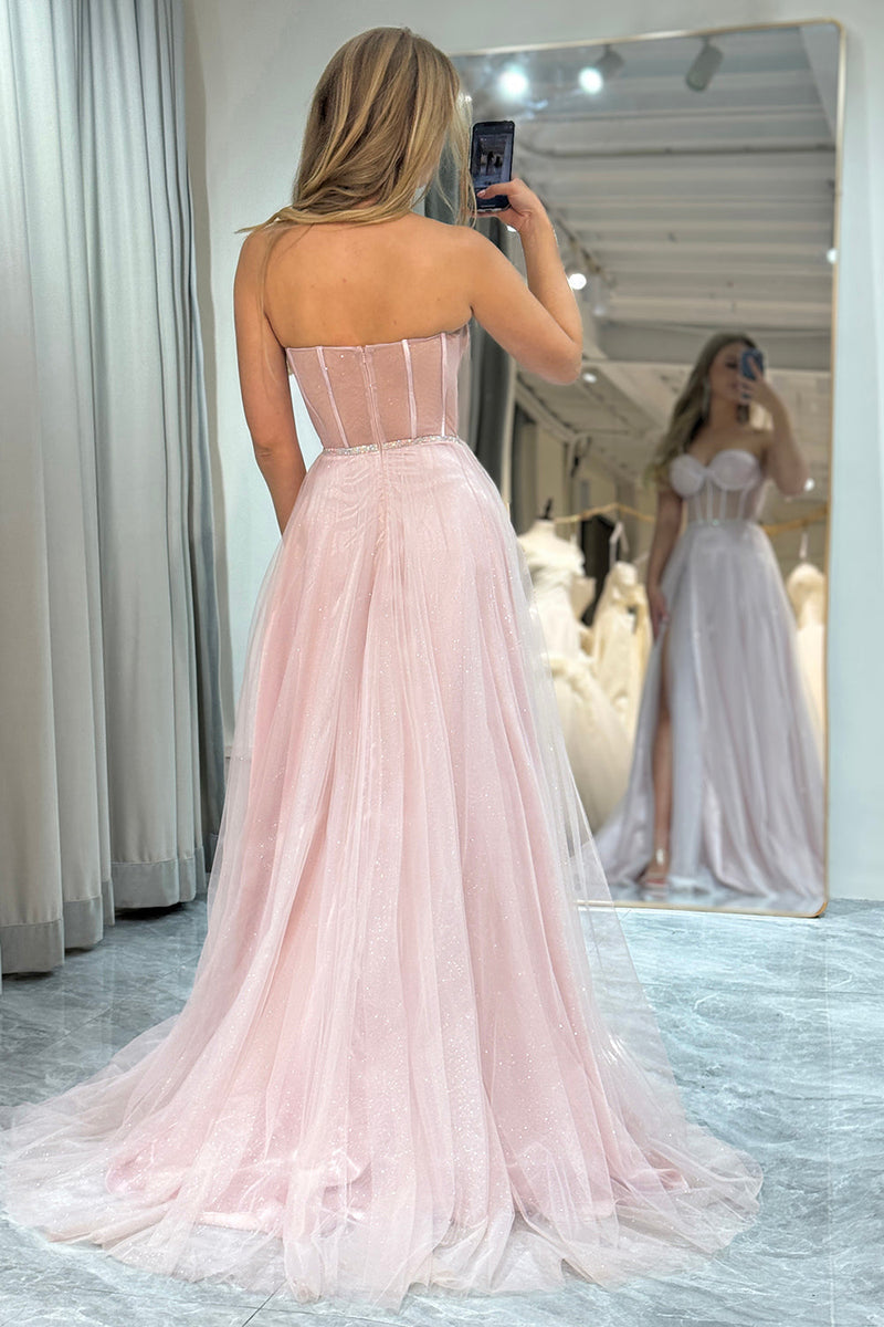 Load image into Gallery viewer, Light Pink A Line Long Corset Formal Dress With Slit