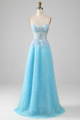 Sky Blue Sweetheart Corset Formal Dress with Sequins