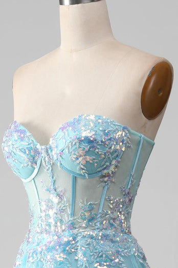 Sky Blue Sweetheart Corset Formal Dress with Sequins