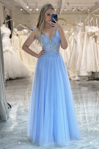 A Line Light Blue Tulle Long Corset Formal Dress