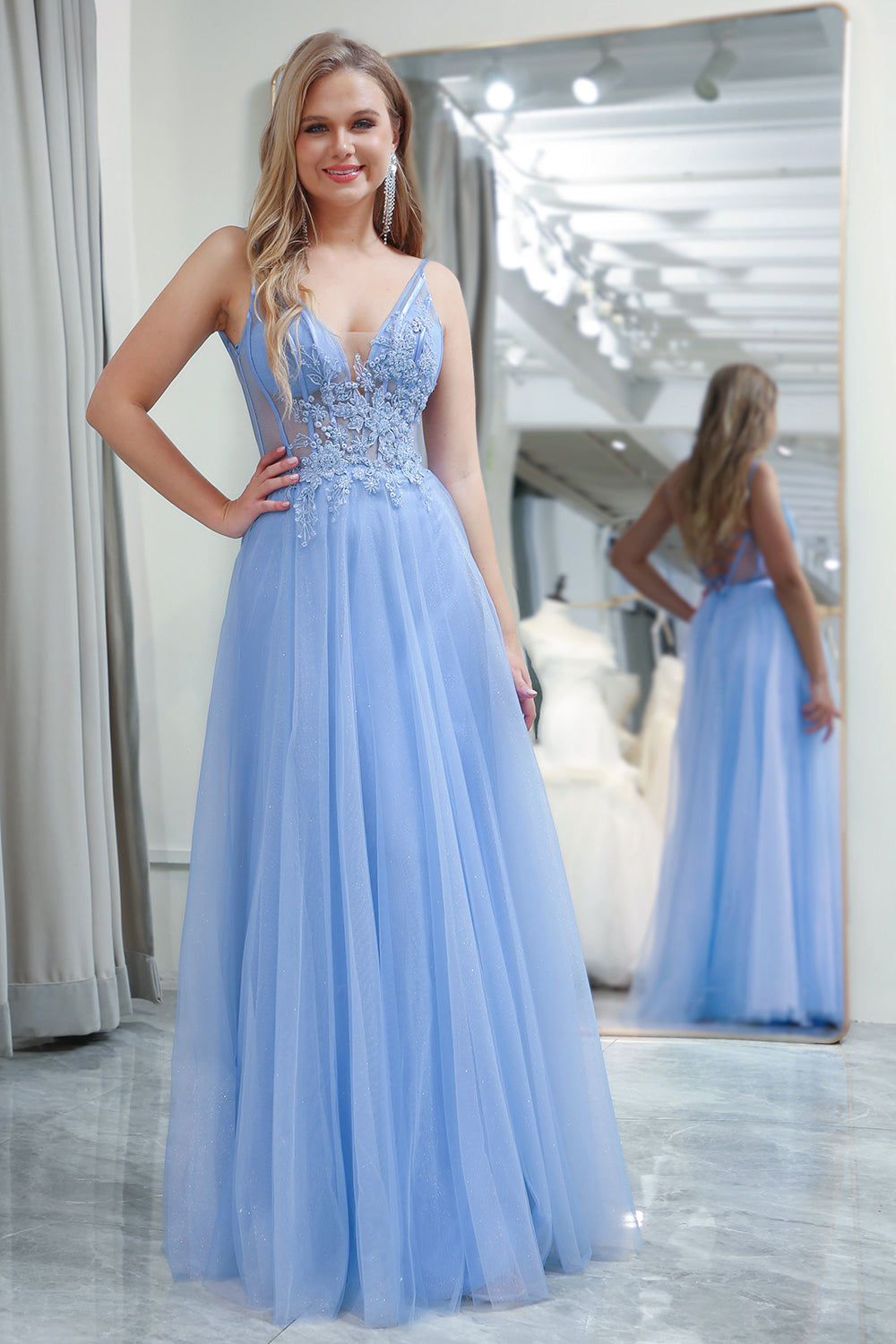 Light Blue A Line Long Corset Formal Dress