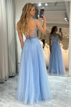 A Line Light Blue Tulle Long Corset Formal Dress