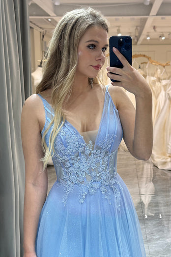 A Line Light Blue Tulle Long Corset Formal Dress