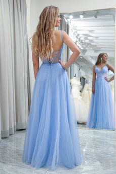 Light Blue A Line Long Corset Formal Dress