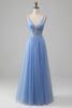 Load image into Gallery viewer, Light Blue A-Line V Neck Tulle Prom Dress With Appliques