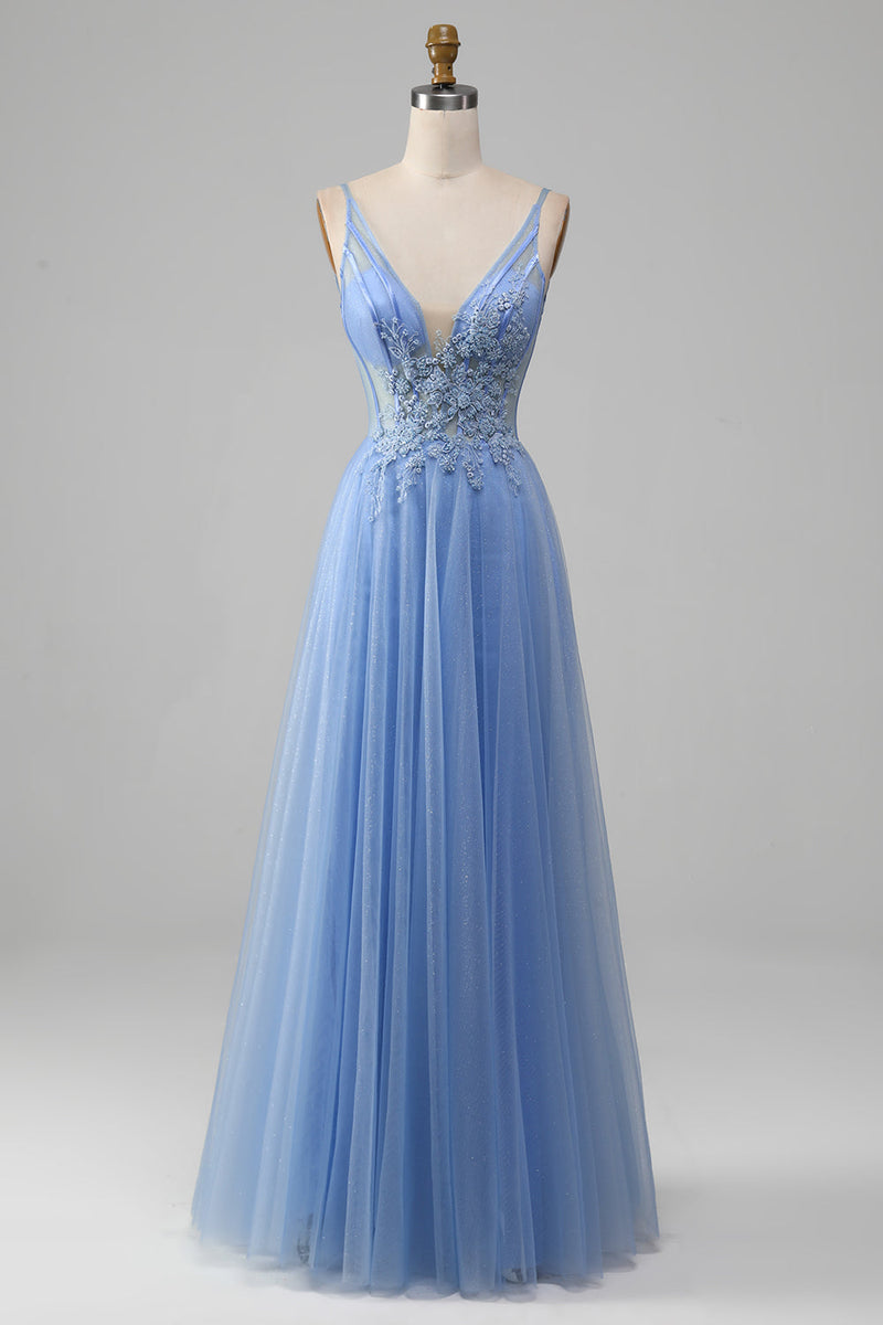 Load image into Gallery viewer, Light Blue A-Line V Neck Tulle Prom Dress With Appliques