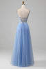 Load image into Gallery viewer, Light Blue A-Line V Neck Tulle Prom Dress With Appliques