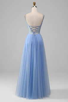 Light Blue A-Line V Neck Tulle Prom Dress With Appliques