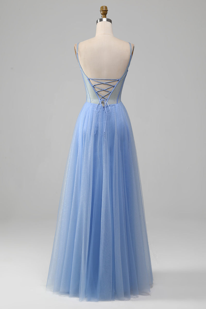 Load image into Gallery viewer, Light Blue A-Line V Neck Tulle Prom Dress With Appliques