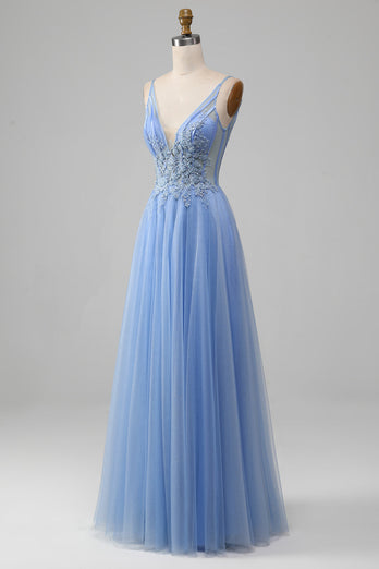 Light Blue A-Line V Neck Tulle Prom Dress With Appliques