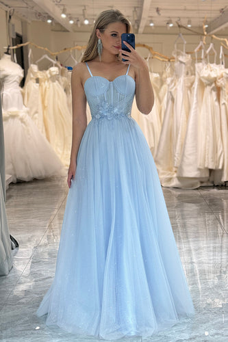 A Line Tulle Light Blue Long Corset Formal Dress