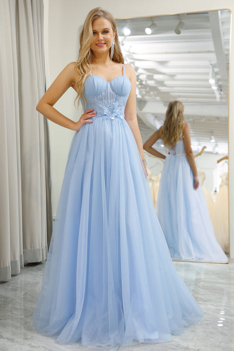 Load image into Gallery viewer, Light Blue A Line Tulle Long Corset Formal Dress