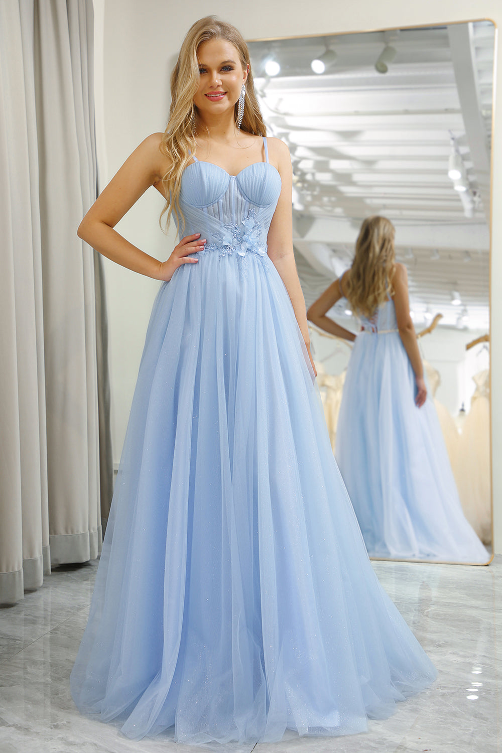 Light Blue A Line Tulle Long Corset Formal Dress