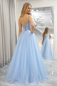 Light Blue A Line Tulle Long Corset Formal Dress