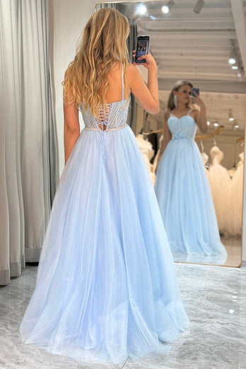 A Line Tulle Light Blue Long Corset Formal Dress