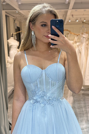 A Line Tulle Light Blue Long Corset Formal Dress