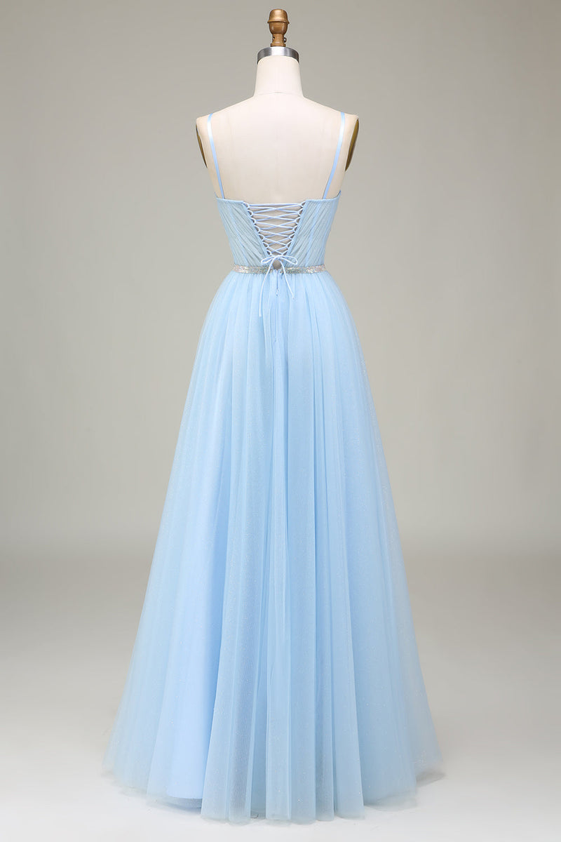 Load image into Gallery viewer, Sparkly Light Blue A-Line Tulle Prom Dress With Appliques