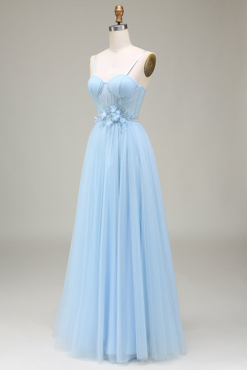 Load image into Gallery viewer, Sparkly Light Blue A-Line Tulle Prom Dress With Appliques