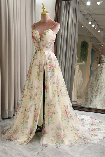 Flower A Line Long Formal Dress With Slit