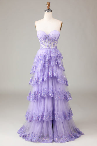 Lavender Strapless Tiered Tulle Corset Formal Dress with Appliques